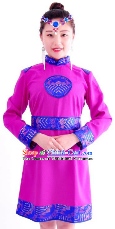 Chinese Mongol Nationality Costume Traditional Mongolian Minority Purple Dress for Women