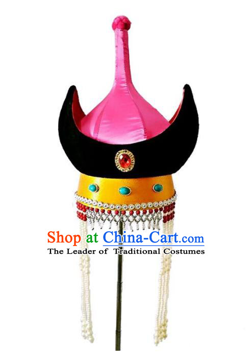 Chinese Handmade Mongol Nationality Wedding Hats Mongolian Pink Hats for Women