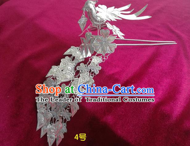 Chinese Traditional Miao Nationality Hair Accessories, Hmong Sliver Long Tassel Hairpins Headwear for Women