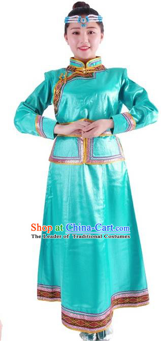 Chinese Mongol Nationality Costume Traditional Folk Dance Green Mongolian Robe for Women