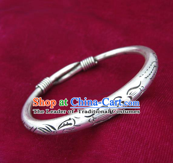 Chinese Miao Nationality Sliver Ornaments Traditional Hmong Handmade Carving Bracelet for Women