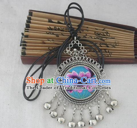 Chinese Miao Sliver Ornaments Embroidered Blue Necklace Hmong Handmade Necklet Pendant for Women