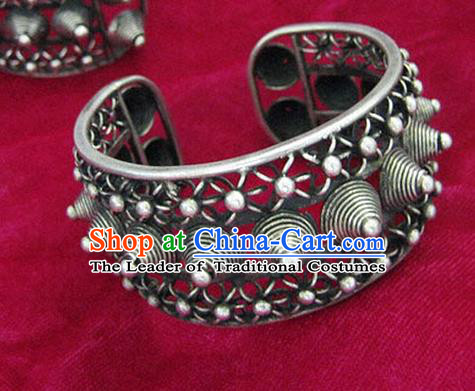 Chinese Miao Sliver Ornaments Rivet Bracelet Traditional Hmong Handmade Sliver Bangle for Women