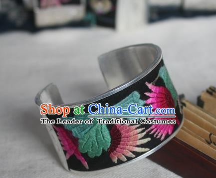 Chinese Miao Sliver Ornaments Bracelet Traditional Hmong Handmade Sliver Embroidered Black Bangle for Women