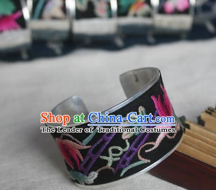 Chinese Miao Sliver Ornaments Embroidered Bracelet Traditional Hmong Handmade Sliver Bangle for Women