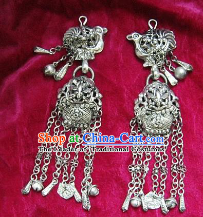 Chinese Handmade Miao Sliver Earrings Hmong Nationality Eardrop Pendant for Women
