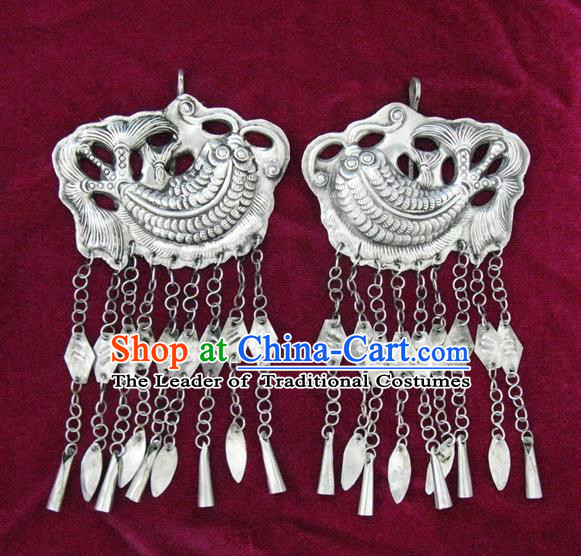 Chinese Miao Sliver Ornaments Carving Fish Earrings Traditional Hmong Tassel Eardrop for Women