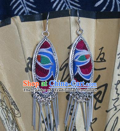 Traditional Chinese Miao Sliver Earrings Ornaments Hmong Embroidered Eardrop for Women