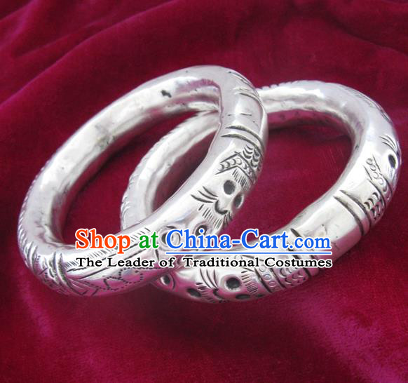 Handmade Chinese Miao Nationality Carving Dragon Bracelet Traditional Hmong Sliver Bangle for Women