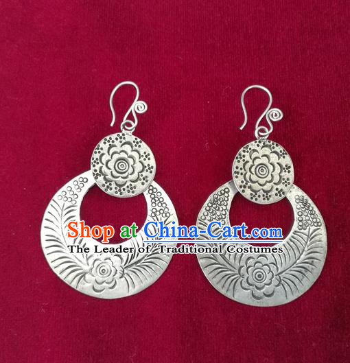 Chinese Miao Sliver Traditional Carving Flower Earrings Hmong Ornaments Minority Headwear for Women