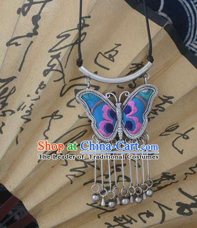 Chinese Miao Sliver Traditional Embroidered Blue Butterfly Necklace Hmong Ornaments Minority Headwear for Women