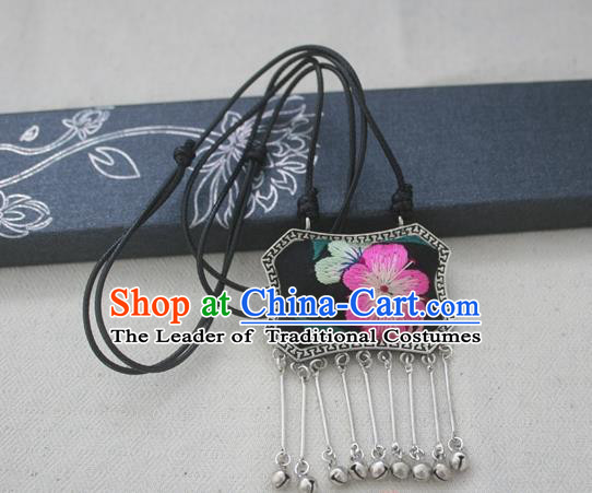 Chinese Miao Sliver Traditional Embroidered Black Necklace Hmong Ornaments Minority Longevity Lock Headwear for Women