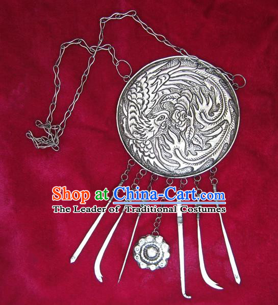 Traditional Chinese Miao Sliver Necklace Ornaments Hmong Sliver Carving Phoenix Necklet for Women