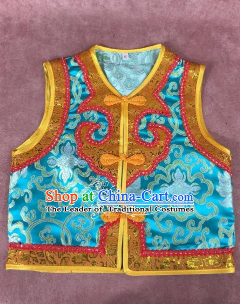 Chinese Traditional Mongol Nationality Blue Vest, China Mongolian Minority Folk Dance Waistcoat Ethnic Costume for Kids