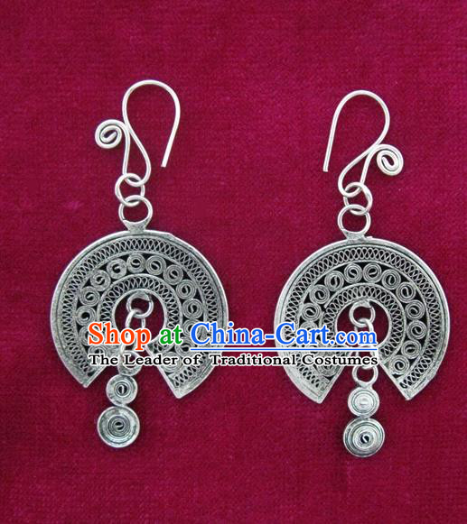 Traditional Chinese Miao Sliver Earrings Hmong Ornaments Minority Eardrop for Women