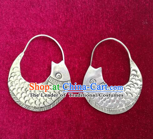 Traditional Chinese Miao Sliver Fishes Earrings Hmong Ornaments Minority Eardrop for Women