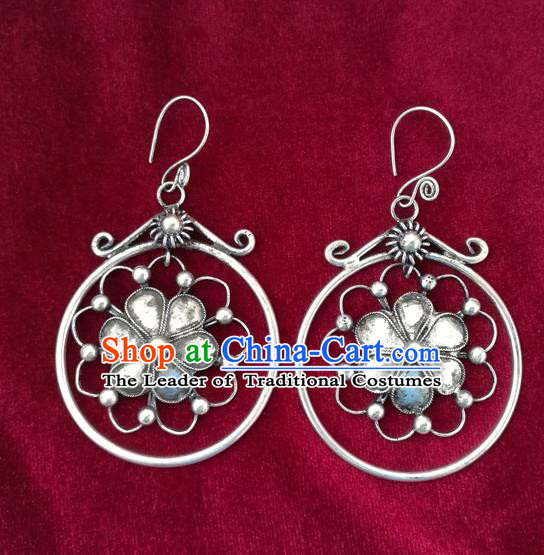Traditional Chinese Miao Sliver Flower Earrings Hmong Ornaments Minority Headwear for Women