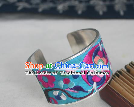 Handmade Chinese Miao Nationality Embroidered Blue Bracelet Traditional Hmong Sliver Bangle for Women