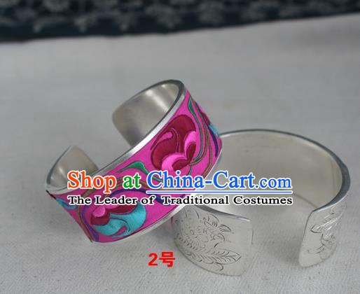 Handmade Chinese Miao Nationality Rosy Embroidered Flowers Sliver Bracelet Traditional Hmong Bangle for Women