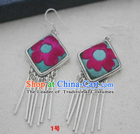 Chinese Traditional Miao Sliver Embroidered Earrings Hmong Ornaments Accessories Minority Eardrop for Women
