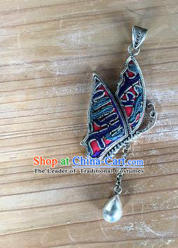 Chinese Traditional Miao Sliver Embroidered Hmong Ornaments Accessories Minority Butterfly Necklace Pendant for Women