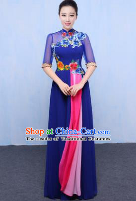 Chinese Traditional Chorus Singing Group Embroidered Costume, Compere Classical Dance Blue Dress for Women