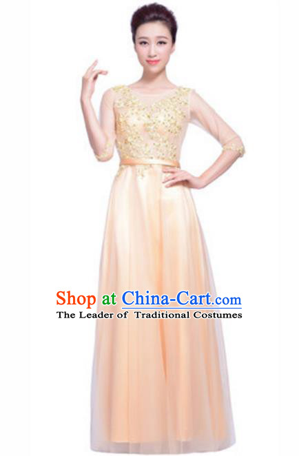 Top Grade Chorus Singing Group Beading Embroidery Champagne Full Dress, Compere Stage Performance Modern Dance Costume for Women