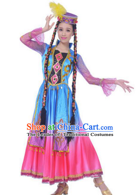 Traditional Chinese Uyghur Ethnic Dance Dress, China Uigurian Minority Folk Dance Costume and Hat for Women