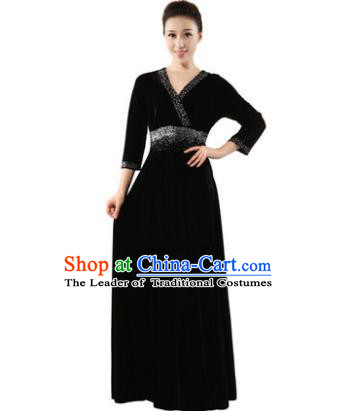 Traditional Chorus Singing Group Modern Dance Costume, Compere Classical Dance Black Velvet Dress for Women