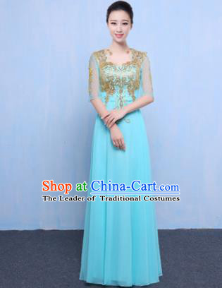 Top Grade Chorus Singing Group Modern Dance Embroidered Blue Dress, Compere Classical Dance Costume for Women