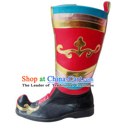 Chinese Traditional Uyghur Dance Shoes, Uigurian Minority Folk Dance Red Boots for Men