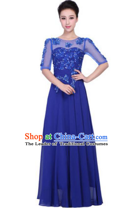 Top Grade Chorus Singing Group Embroidered Lace Full Dress, Compere Classical Dance Royalblue Costume for Women