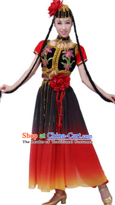 Traditional Chinese Uyghur Ethnic Dance Clothing, Uigurian Minority Folk Dance Costume and Headwear for Women