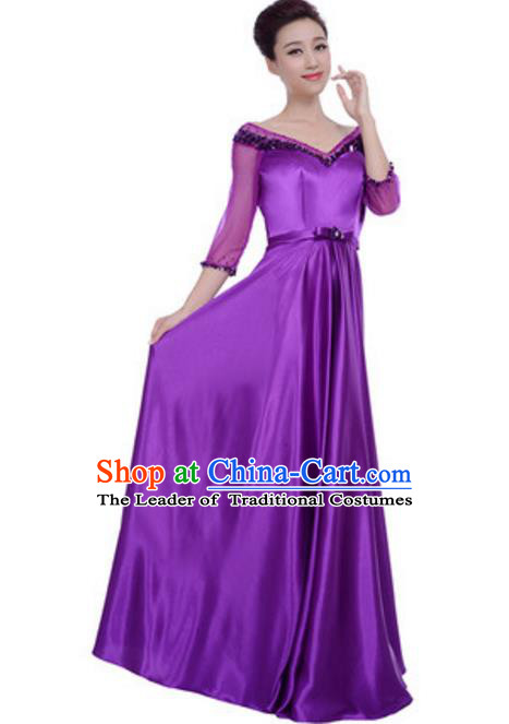 Top Grade Chorus Singing Group Purple Full Dress, Compere Modern Dance Costume for Women