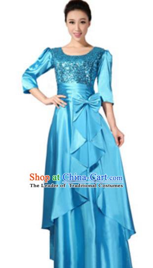 Top Grade Chorus Singing Group Blue Sequins Full Dress, Compere Classical Dance Costume for Women