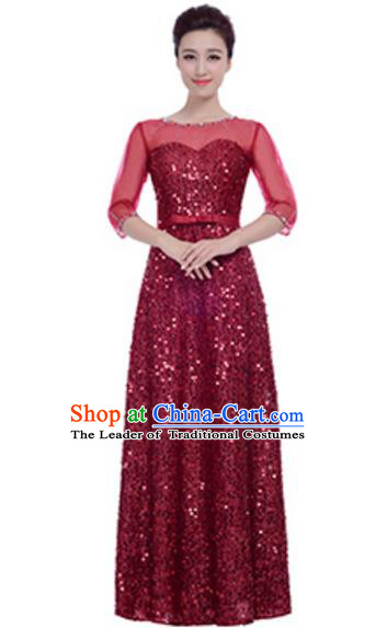Top Grade Chorus Group Choir Wine Red Sequins Full Dress, Compere Stage Performance Modern Dance Costume for Women