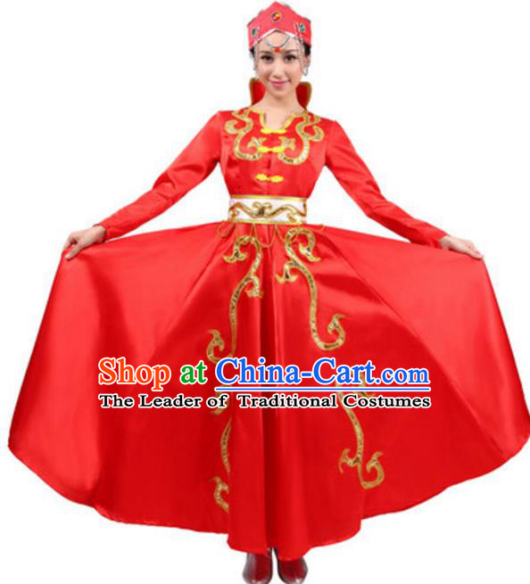 Traditional Chinese Mongolian Ethnic Dance Red Dress, China Mongols Minority Folk Dance Costume and Headwear for Women
