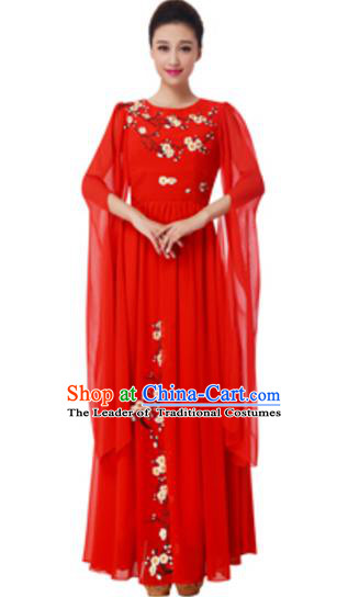 Top Grade Chorus Group Choir Embroidered Red Full Dress, Compere Stage Performance Modern Dance Costume for Women