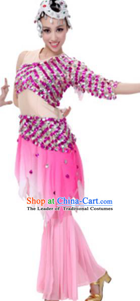 Traditional Chinese Dai Nationality Costume, Chinese Peacock Dance Ethnic Pink Dress Clothing and Headwear for Women