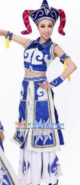Traditional Chinese Mongols Nationality Blue Dress, Chinese Mongolian Female Ethnic Folk Dance Costume and Headwear for Women