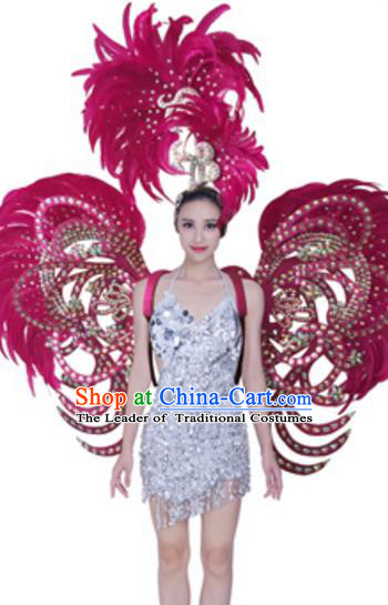 Top Grade Samba Dance Props Stage Show Brazil Parade Giant Rosy Feather Butterfly Wings and Headpiece for Women