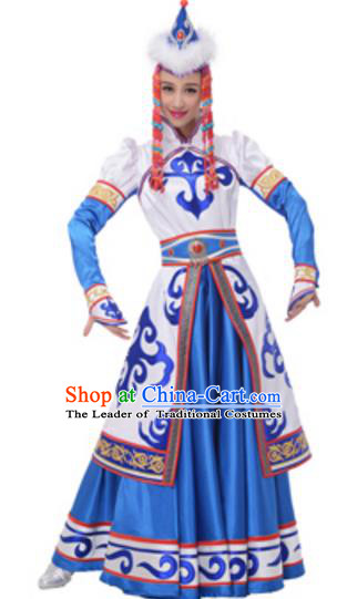 Traditional Chinese Mongolian Nationality Princess Blue Dress, China Mongols Minority Ethnic Dance Costume and Headwear for Women