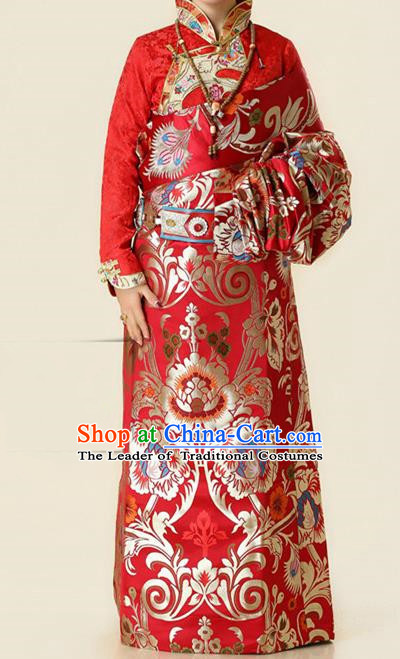 Chinese Traditional Zang Nationality Red Brocade Costume, China Tibetan Heishui Dance Clothing for Women