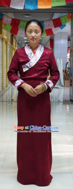 Chinese Traditional Zang Nationality Wine Red Dress, China Tibetan Heishui Dance Costume for Women
