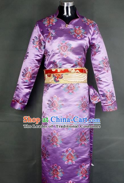 Chinese Traditional Zang Nationality Dress, China Tibetan Heishui Dance Purple Brocade Costume for Women