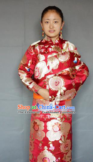 Chinese Traditional Zang Nationality Clothing Red Tibetan Robe, China Tibetan Ethnic Heishui Dance Costume for Women
