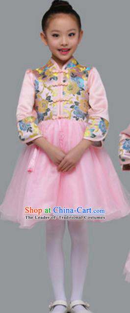 Top Grade Chinese Classical Dance Pink Bubble Dress Stage Performance Chorus Costume for Kids