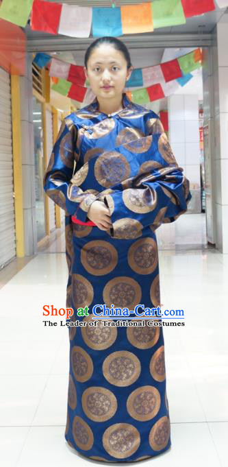 Chinese Traditional Zang Nationality Navy Dress Clothing, China Tibetan Ethnic Heishui Dance Costume for Women