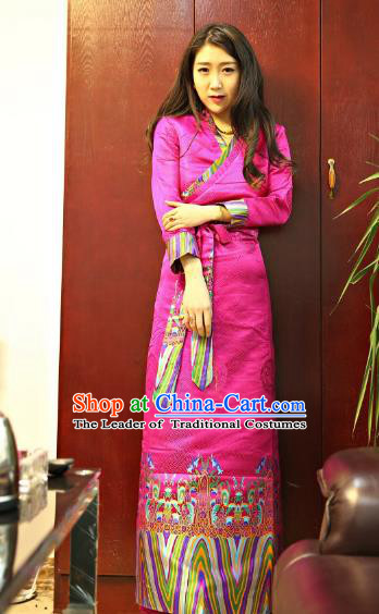 Chinese Traditional Zang Nationality Pink Brocade Dress, China Tibetan Dance Costume for Women