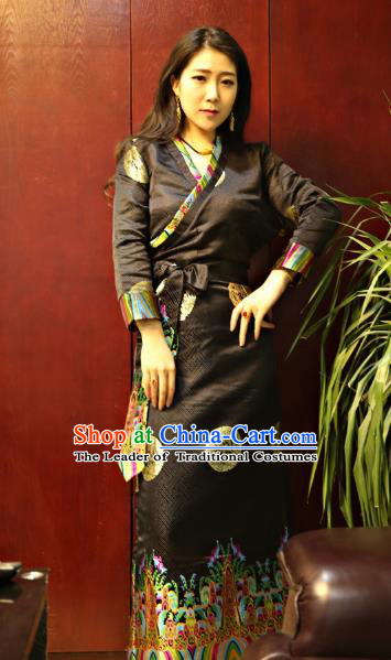 Chinese Traditional Zang Nationality Black Brocade Dress, China Tibetan Dance Costume for Women
